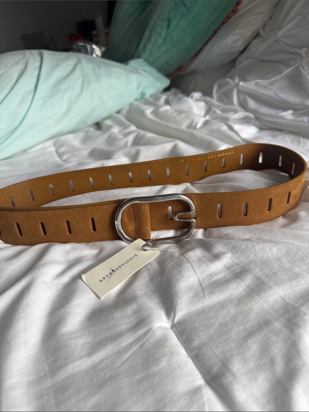 Anthropologie Cognac Suede Wide Belt with Silver Oval Buckle